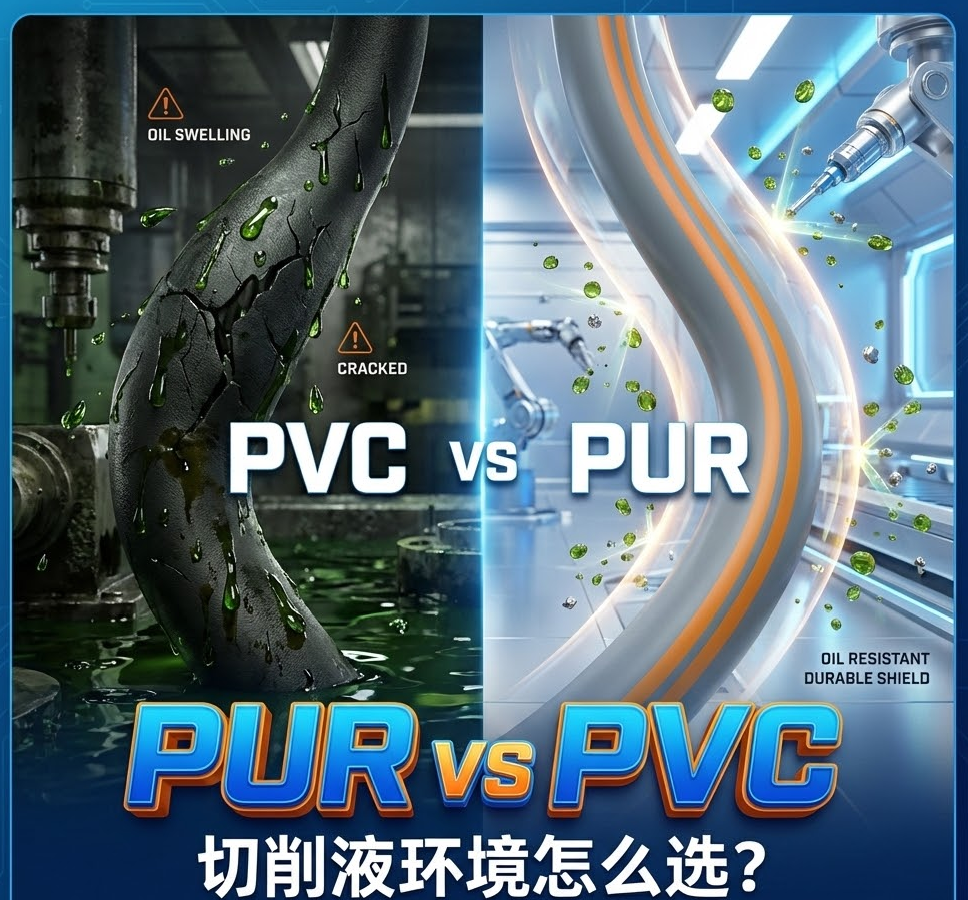 PUR vs PVC：机床切削液情形下，，，，，你的拖链电缆选对护套了吗？？？？？？